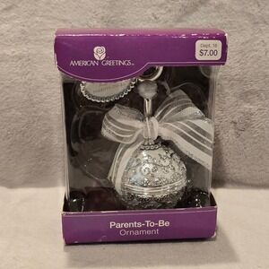 American Greetings Parents-To-Be Ornament Silver Ball Bow Baby Shower‎ Gift Box